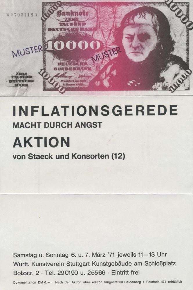 Item #21972 Announcement for the Exhibition Inflationsgerede Macht Durch Angst Aktion. Klaus Staeck.