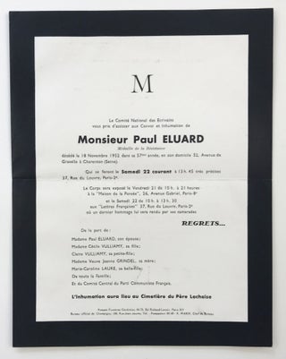 Item #26497 [Funeral announcement for Paul Eluard, addressed and mailed to Lucien Scheler]. Paul...