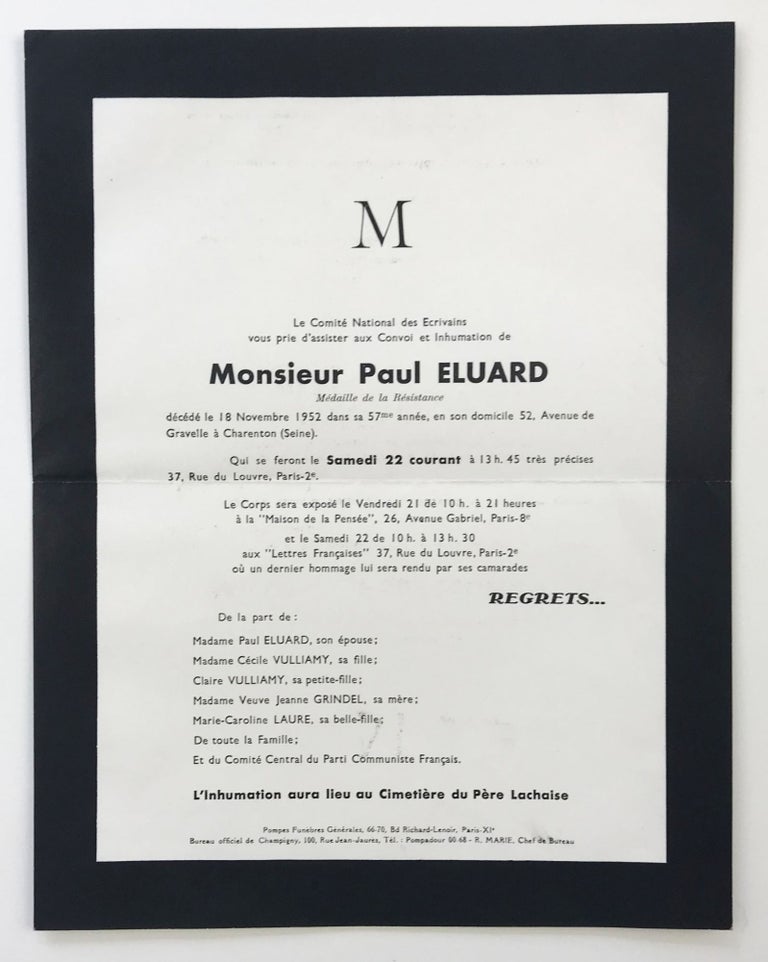 Item #26497 [Funeral announcement for Paul Eluard, addressed and mailed to Lucien Scheler]. Paul Eluard, Le Comité National des Ecrivains.