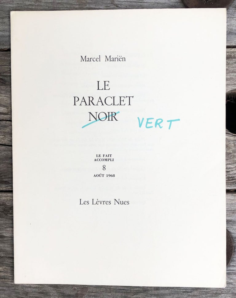 Item #26915 Le Paraclet Noir (Vert). Marcel Marien.