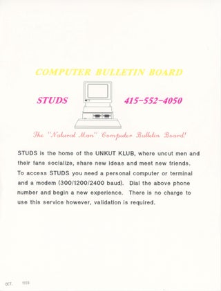 Item #29519 Computer Bulletin Board. STUDS 415-552-4050. Unkut Klub