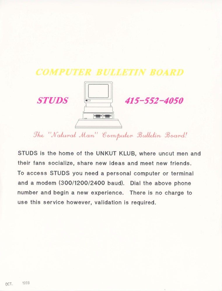 Item #29519 Computer Bulletin Board. STUDS 415-552-4050. Unkut Klub.