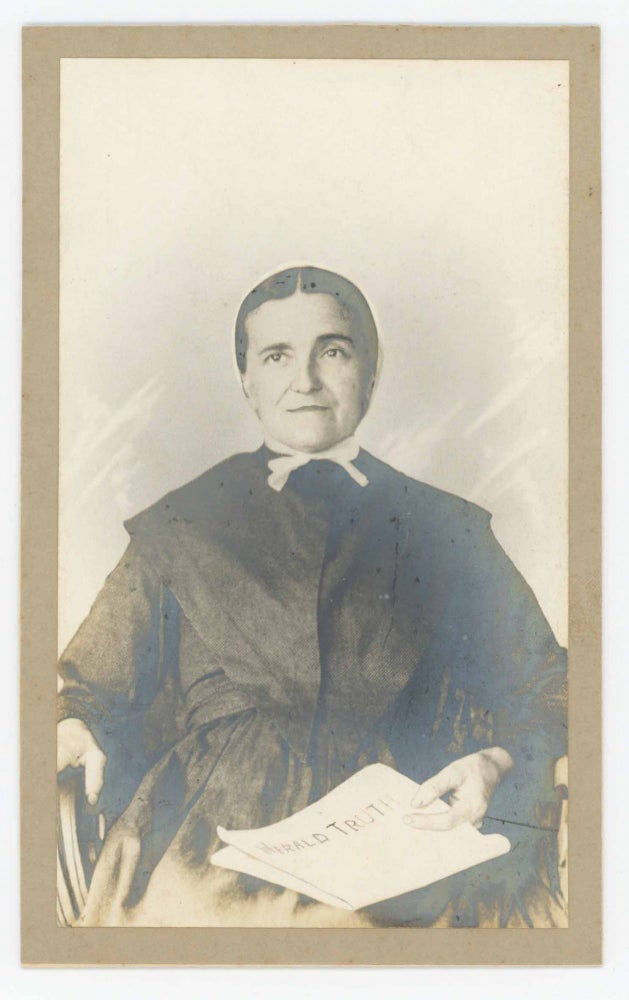 Item #29751 Cabinet Card of a Mennonite Woman Holding a Copy of the Herald of Truth. Mennonites.