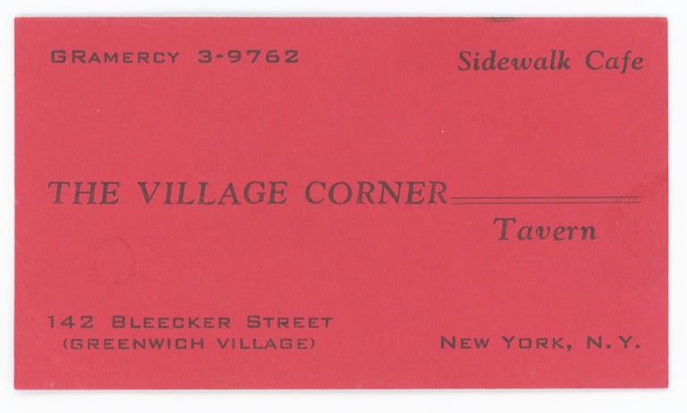 Item #30004 Business Card for the Village Corner Tavern. New York City.