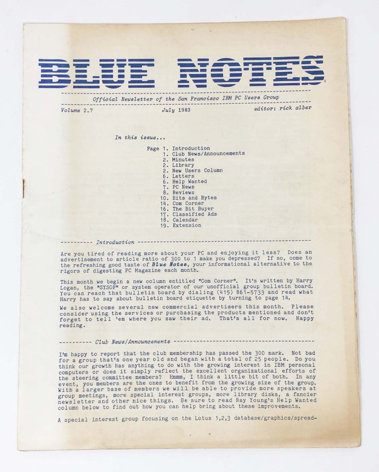 Item #30584 Blue Notes Vol. 2.7. Official Newsletter of the San Francisco IBM PC Users Group. Rick Alber, ed.