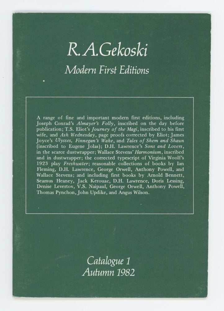 Item #30789 R. A. Gekowski Modern First Editions. Catalogue 1. R. A. Gekowski.