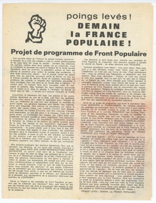 Item #30792 Poings Levés! Demain La France Populaire! Project de Programme de Front Populaire....