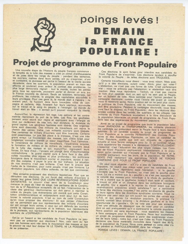Item #30792 Poings Levés! Demain La France Populaire! Project de Programme de Front Populaire. Roland Castro.