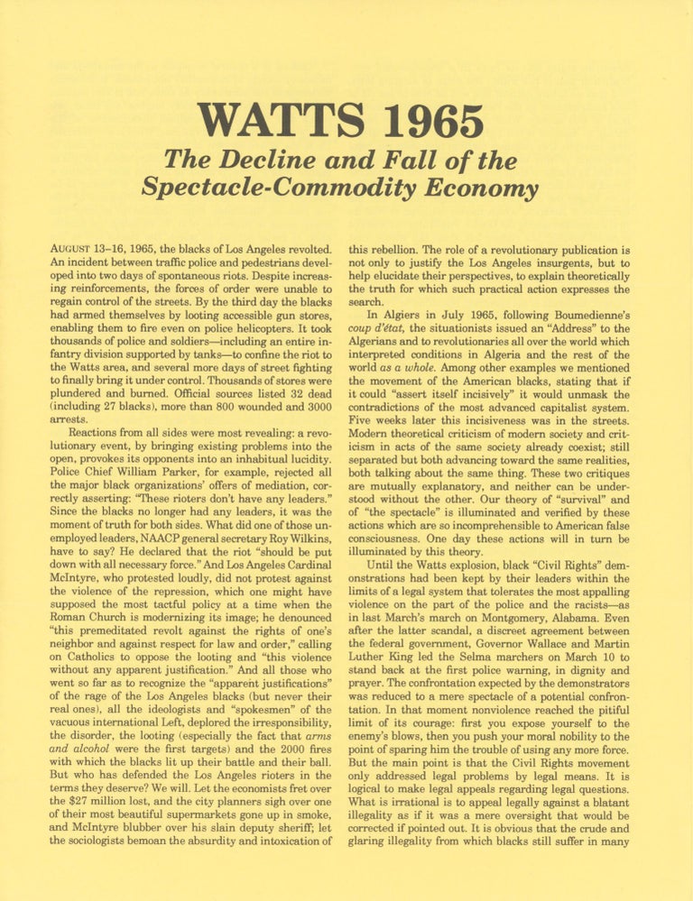 Item #30985 Watts 1965. The Decline and Fall of the Spectacle-Commodity Economy. Bureau of Public Secrets.