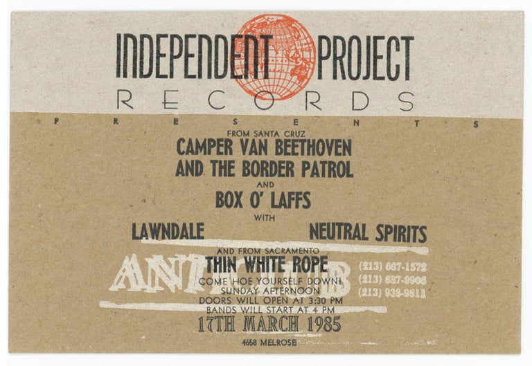 Item #31143 Letterpress Postcard for a 1985 Show at Anticlub. Camper Van Beethoven, the Border Patrol.